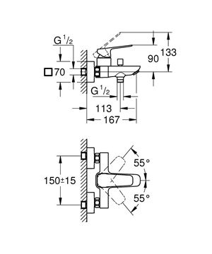 GROHE CUBEO vanová nástěnná baterie, s přepínačem, chrom 1018130000 Technický nákres