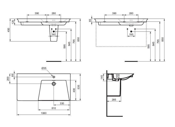 IDEAL STANDARD LA DOLCE VITA umyvadlo 106 cm, s otvorem pro baterii vpravo a přepadem E264701 Technický nákres