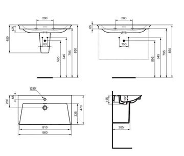 IDEAL STANDARD LA DOLCE VITA umyvadlo 86 cm, s otvorem pro baterii a přepadem E262901 Technický nákres