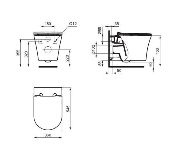 IDEAL STANDARD LA DOLCE VITA závěsné WC, AquaBlade splachování E263401 Technický nákres