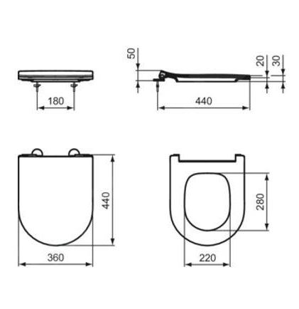 IDEAL STANDARD LA DOLCE VITA WC sedátko Ultra Slim, SoftClose, bílá E266701 Technický nákres
