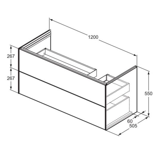IDEAL STANDARD LA DOLCE VITA 2 skříňka pod umyvadlo 120x50,5x54,8 cm, 2 zásuvky, dub kouřový T5583Y4 Technický nákres