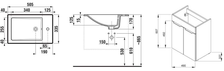JIKA CUBE skříňka s umyvadlem 50x34x62,2 cm, 2 dvířka, bílá H4536411763001 Technický nákres