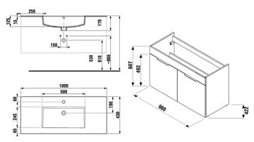 JIKA CUBE skříňka s umyvadlem 100x43x62,2 cm, 2 dvířka, bílá H4536511763001 Technický nákres