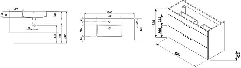 JIKA CUBE skříňka s umyvadlem 100x43x62,2 cm, 2 zásuvky, bílá H4536521763001 Technický nákres
