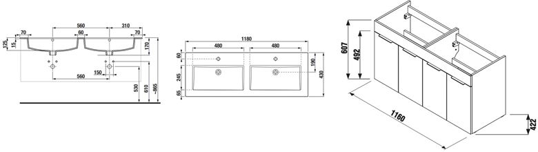 JIKA CUBE skříňka s dvojumyvadlem 118x43x62,2 cm, 4 dvířka, bílá H4536611763001 Technický nákres