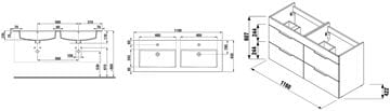 JIKA CUBE skříňka s dvojumyvadlem 118x43x62,2 cm, 4 zásuvky, bílá H4536621763001 Technický nákres