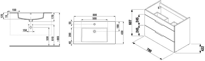 JIKA CUBE skříňka s umyvadlem 80x43x62,2 cm, 2 zásuvky, bílá H4537621763001 Technický nákres