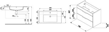 JIKA CUBE skříňka s umyvadlem 80x43x62,2 cm, 2 zásuvky, bílá H4537621763001 Technický nákres