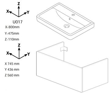 DŘEVOJAS Q MAX SZZ2 80 skříňka s umyvadlem 80x47,5x56 cm, 2 zásuvky, úchytka hliník mat, oregon 61336-T01 Technický nákres