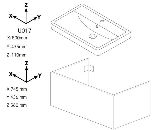 DŘEVOJAS Q MAX SZZ2 80 skříňka s umyvadlem 80x47,5x56 cm, 2 zásuvky, úchytka hliník mat, oregon 61336-T01 Technický nákres