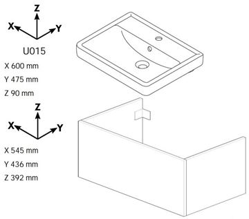 DŘEVOJAS Q SZZ2 60 skříňka s umyvadlem 60x47,5x39 cm, 2 zásuvky, lesklá bílá/bílá vysoký lesk 72721-T02 Technický nákres
