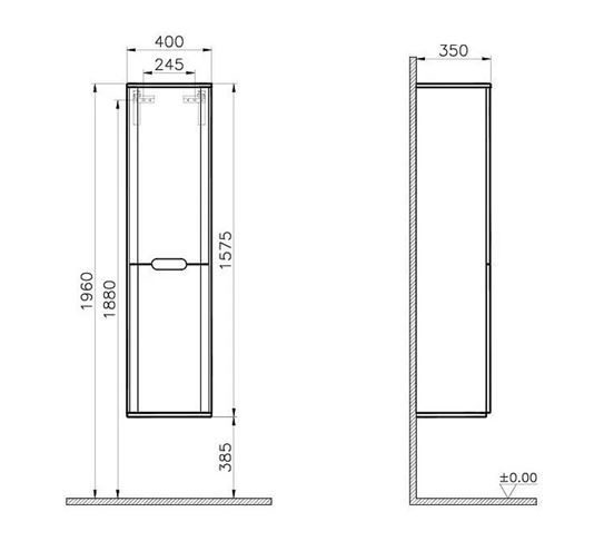 VITRA SENTO vysoká skříňka 40x35x157,5 cm, 2 dvířka, panty vpravo, s košem, antracite mat 60844 Technický nákres
