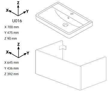 DŘEVOJAS Q SZZ2 70 skříňka s umyvadlem 70x47,5x39,2 cm, 2 zásuvky, lesklá bílá/bílá vysoký lesk 72622-T02 Technický nákres