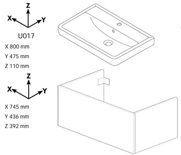 DŘEVOJAS Q SZZ2 80 skříňka s umyvadlem 80x47,5x39,2 cm, 2 zásuvky, lesklá bílá/bílá vysoký lesk 12925-T02 Technický nákres