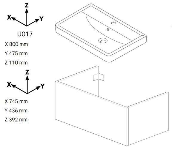 DŘEVOJAS Q SZZ2 80 skříňka s umyvadlem 80x47,5x39,2 cm, 2 zásuvky, lesklá bílá/bílá vysoký lesk 12925-T02 Technický nákres