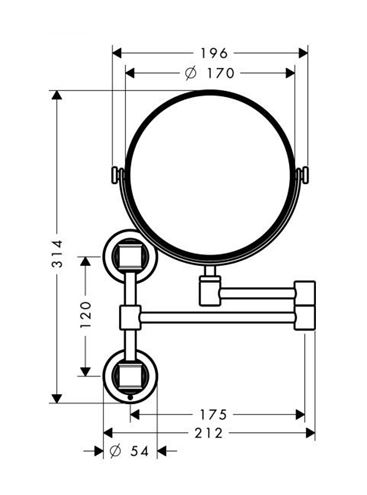 AXOR MONTREUX kosmetické zrcátko 170 mm, zvětšovací, kartáčovaný nikl 42090820 Technický nákres