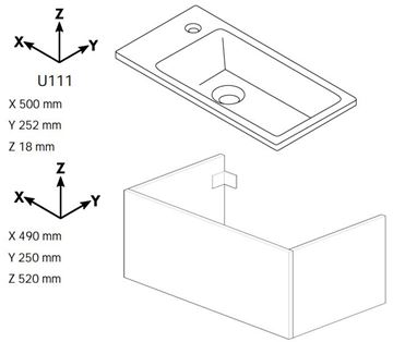 DŘEVOJAS VARIANTE SZD 50 skříňka s umyvadlem 50x25x52 cm, 1 dvířka, panty vlevo, Push-open, lesklá bílá/bílá vysoký lesk 328108-T31 Technický nákres