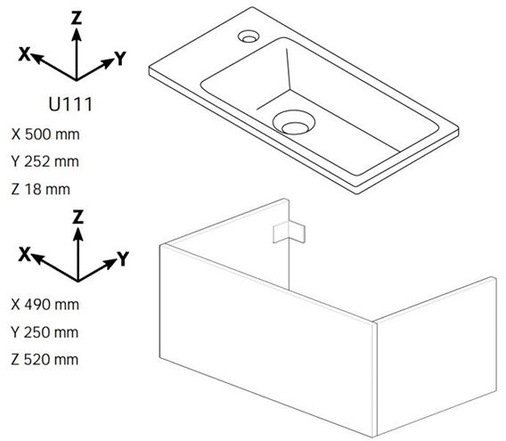 DŘEVOJAS VARIANTE SZD 50 skříňka s umyvadlem 50x25x52 cm, 1 dvířka, panty vlevo, Push-open, lesklá bílá/bílá vysoký lesk 328108-T31 Technický nákres