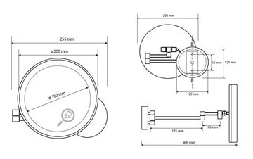 BEMETA kosmetické zrcátko 200 mm, zvětšovací, s osvětlením, chrom 112101149 Technický nákres