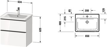 DURAVIT D-NEO skříňka s umyvadlem 65x48x62,5 cm, 2 zásuvky, White mat DE012001818 Technický nákres
