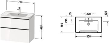 DURAVIT D-NEO skříňka s umyvadlem 80x48x62,5 cm, 2 zásuvky, bílá DE012101818 Technický nákres