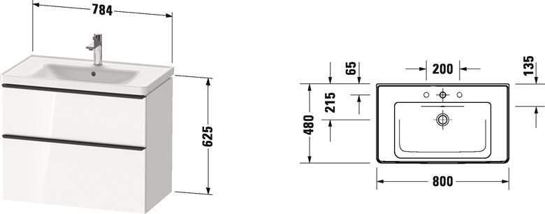 DURAVIT D-NEO skříňka s umyvadlem 80x48x62,5 cm, 2 zásuvky, bílá DE012101818 Technický nákres