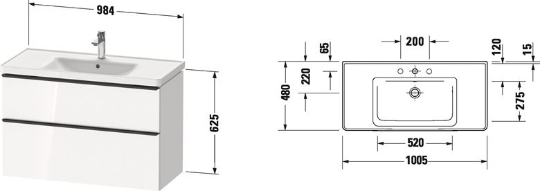 DURAVIT D-NEO skříňka s umyvadlem 100x48x62,5 cm, 2 zásuvky, White mat DE012201818 Technický nákres