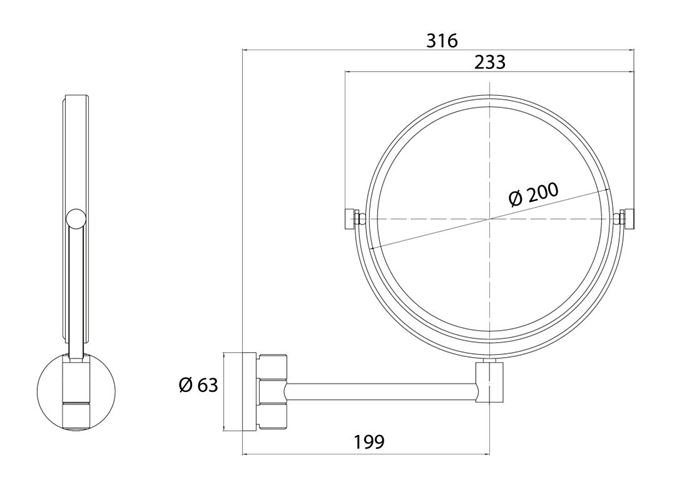 CONCEPT 200 kosmetické zrcátko 200 mm, zvětšovací, chrom 010-8463 Technický nákres