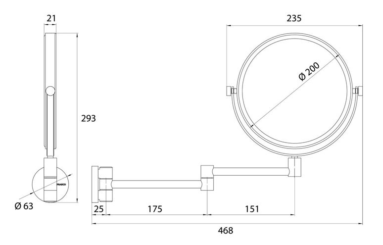CONCEPT 200 kosmetické zrcátko 200 mm, zvětšovací, chrom 010-8464 Technický nákres