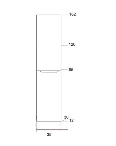 EDEN BERYL vysoká skříňka 35x30x150 cm, 2 dvířka, panty vlevo, bílá/lesklá bílá BE16/L M1F1 Technický nákres