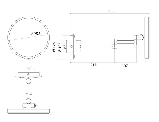 CONCEPT 300 kosmetické zrcátko 203 mm, zvětšovací, s osvětlením, chrom 019-1523 Technický nákres