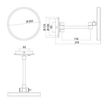 CONCEPT 300 kosmetické zrcátko 203 mm, zvětšovací, s osvětlením, chrom 019-1521 Technický nákres