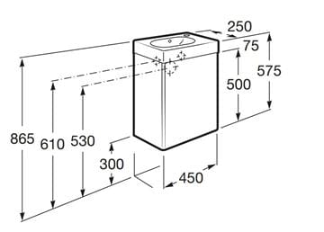 ROCA MINI skříňka s umývátkem 45x25x57,5 cm, 1 dvířka, dub A855873155 Technický nákres