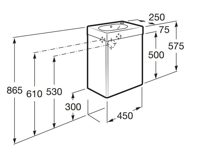 ROCA MINI skříňka s umývátkem 45x25x57,5 cm, 1 dvířka, dub A855873155 Technický nákres