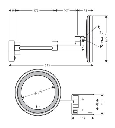 HANSGROHE ADDSTORIS kosmetické zrcátko 160 mm, zvětšovací, s osvětlením, chrom 41790000 Technický nákres