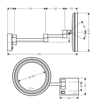 HANSGROHE ADDSTORIS kosmetické zrcátko 160 mm, zvětšovací, s osvětlením, chrom 41790000 Technický nákres