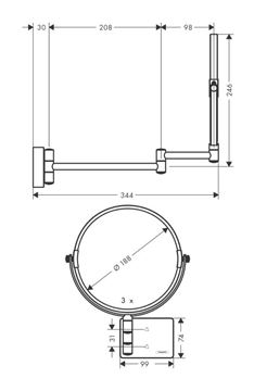 HANSGROHE ADDSTORIS kosmetické zrcátko 188 mm, zvětšovací, černá 41791670 Technický nákres