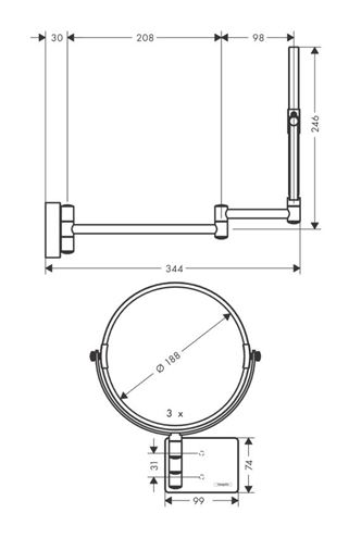 HANSGROHE ADDSTORIS kosmetické zrcátko 188 mm, zvětšovací, černá 41791670 Technický nákres