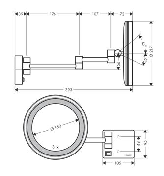 HANSGROHE ADDSTORIS kosmetické zrcátko 160 mm, zvětšovací, s osvětlením, bílá 41790700 Technický nákres