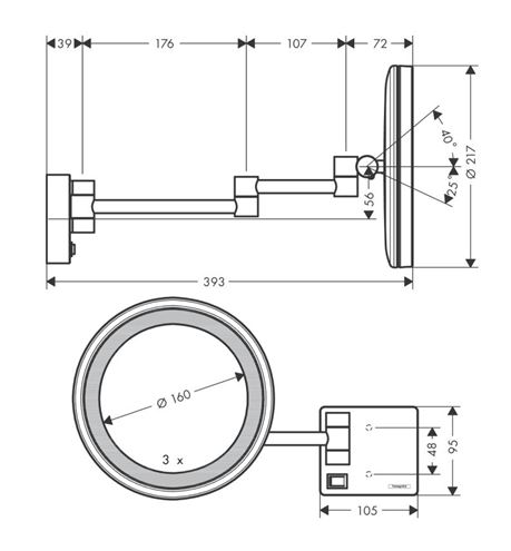 HANSGROHE ADDSTORIS kosmetické zrcátko 160 mm, zvětšovací, s osvětlením, bílá 41790700 Technický nákres