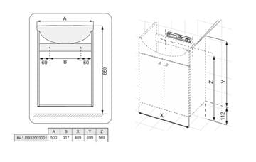EASY PACK skříňka s umyvadlem 50x40x74 cm, 2 dvířka, bílá H41J3932003001 Technický nákres