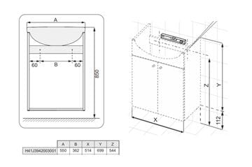 EASY PACK skříňka s umyvadlem 55x44x74 cm, 2 dvířka, bílá H41J3942003001 Technický nákres