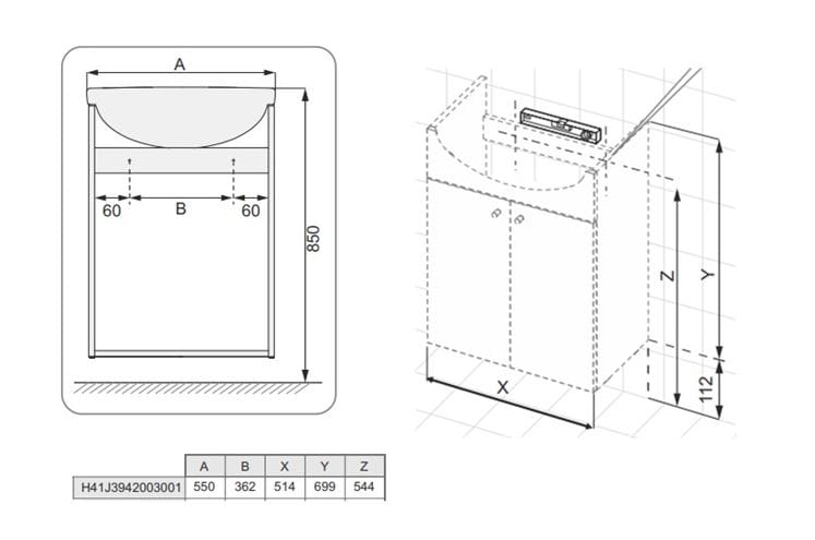 EASY PACK skříňka s umyvadlem 55x44x74 cm, 2 dvířka, bílá H41J3942003001 Technický nákres