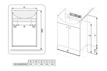 EASY PACK skříňka s umyvadlem 60x49x74 cm, 2 dvířka, bílá H41J3952003001 Technický nákres