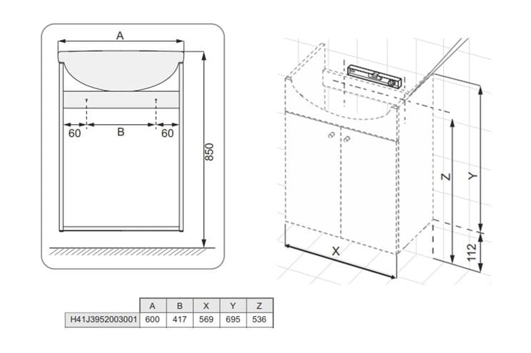 EASY PACK skříňka s umyvadlem 60x49x74 cm, 2 dvířka, bílá H41J3952003001 Technický nákres