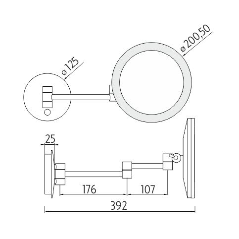 NIMCO kosmetické zrcátko 200,5 mm, zvětšovací, s osvětlením, černá ZK 20265-90 Technický nákres