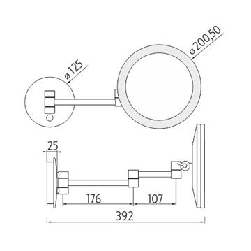 NIMCO kosmetické zrcátko 200,5 mm, zvětšovací, s osvětlením, černá ZK 20265-90 Technický nákres