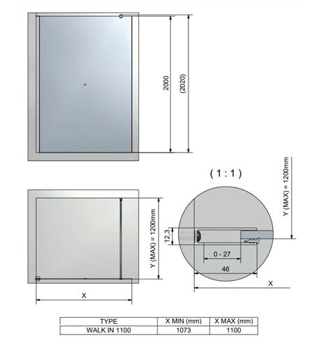 ROTH CARIBA WALK IN CI TWF stěna walk-in 100x200 cm, černý elox/čiré sklo CI TWF 10020 NPF Technický nákres