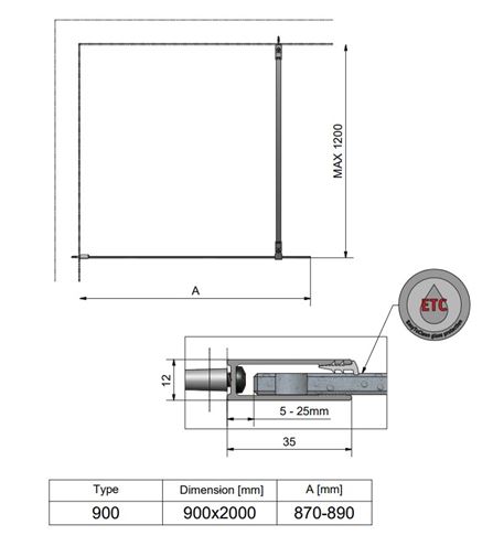 ROTH PROJECT EI TWF stěna walk-in 900x200,7 cm, brillant/čiré sklo EI TWF 09020 VPE Technický nákres